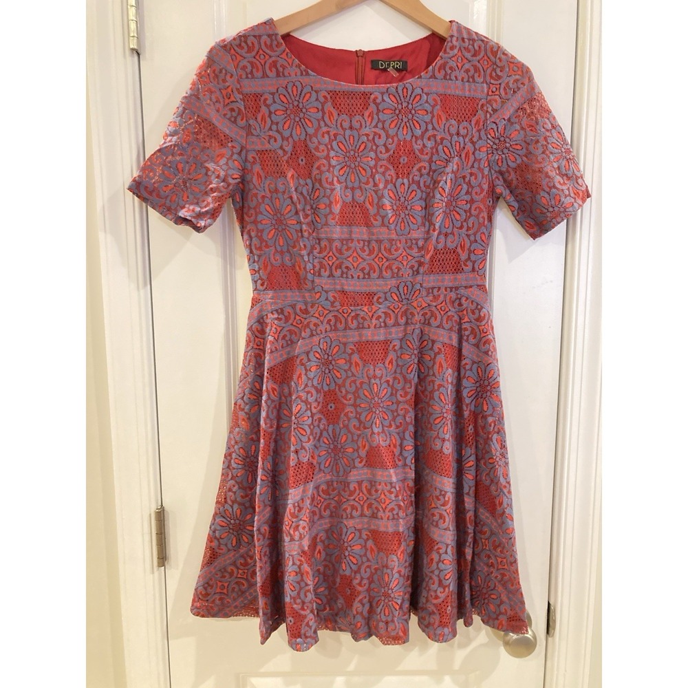 DEPRI Lace Fit & Flare Dress Medium Red Blue Floral Romantic Evening Party